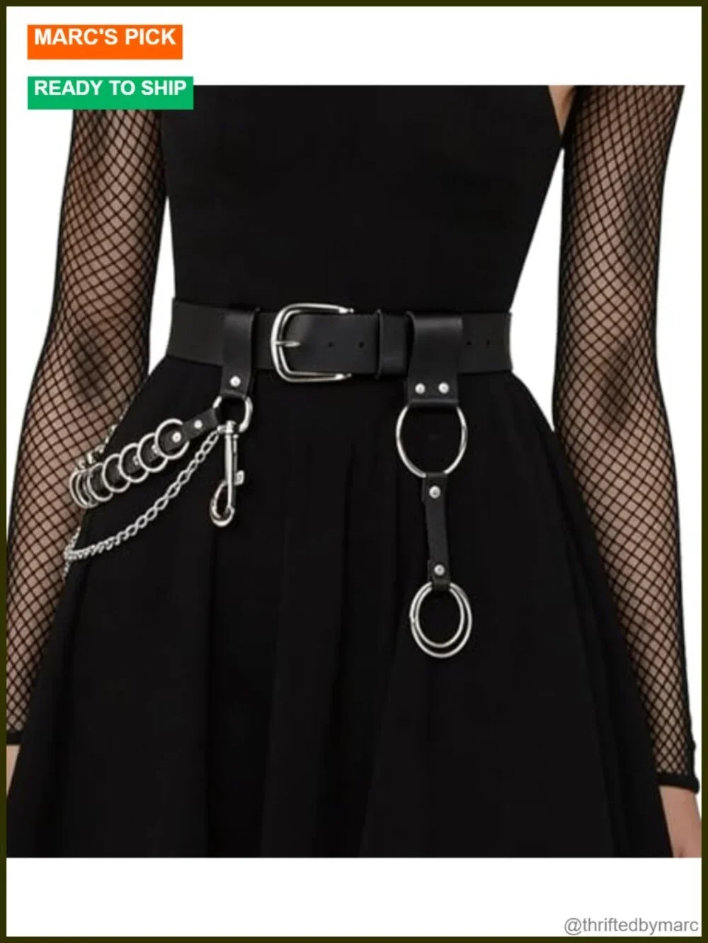 Adjustable Faux Leather Chain Belt with Alloy Rings, Punk Gothic Street Style